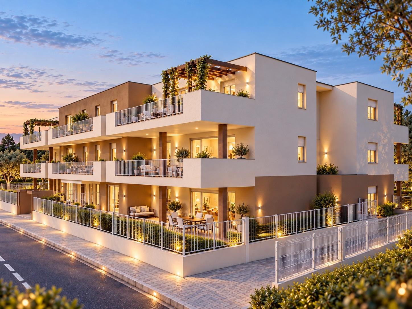 Corte Merici, vista serale del complesso residenziale